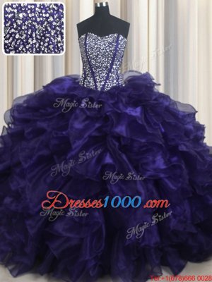 Sleeveless Brush Train Lace Up With Train Beading and Ruffles Quinceanera Dresses