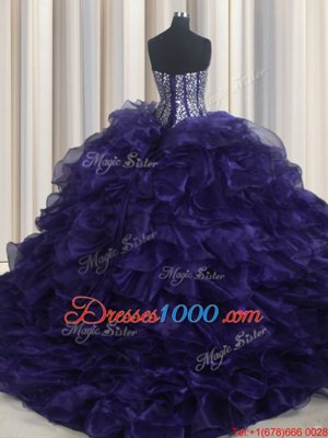 Sleeveless Brush Train Lace Up With Train Beading and Ruffles Quinceanera Dresses