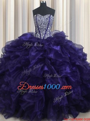 Sleeveless Brush Train Lace Up With Train Beading and Ruffles Quinceanera Dresses