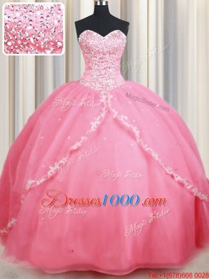 Best Watermelon Red Sleeveless Organza Brush Train Lace Up Sweet 16 Quinceanera Dress for Military Ball and Sweet 16 and Quinceanera