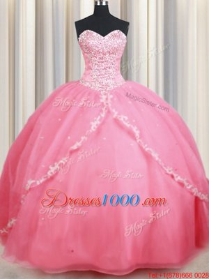 Best Watermelon Red Sleeveless Organza Brush Train Lace Up Sweet 16 Quinceanera Dress for Military Ball and Sweet 16 and Quinceanera