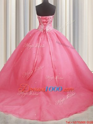 Best Watermelon Red Sleeveless Organza Brush Train Lace Up Sweet 16 Quinceanera Dress for Military Ball and Sweet 16 and Quinceanera