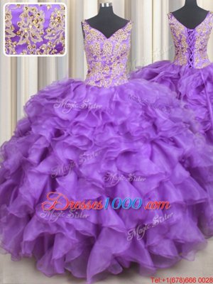 Custom Design Purple Ball Gowns Beading and Appliques and Ruffles Quinceanera Dresses Lace Up Organza Sleeveless Floor Length