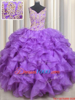 Custom Design Purple Ball Gowns Beading and Appliques and Ruffles Quinceanera Dresses Lace Up Organza Sleeveless Floor Length