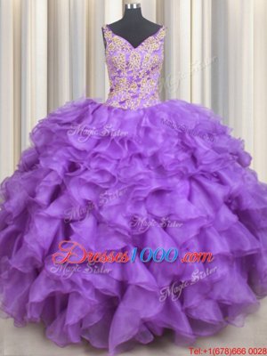 Custom Design Purple Ball Gowns Beading and Appliques and Ruffles Quinceanera Dresses Lace Up Organza Sleeveless Floor Length