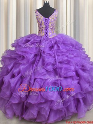 Custom Design Purple Ball Gowns Beading and Appliques and Ruffles Quinceanera Dresses Lace Up Organza Sleeveless Floor Length