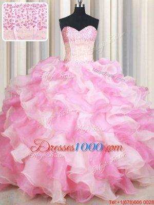 Sweetheart Sleeveless Lace Up Sweet 16 Quinceanera Dress Pink And White Organza