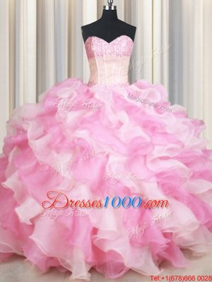 Sweetheart Sleeveless Lace Up Sweet 16 Quinceanera Dress Pink And White Organza