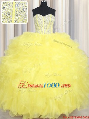 Yellow Sleeveless Floor Length Beading and Ruffles Lace Up Quinceanera Dresses