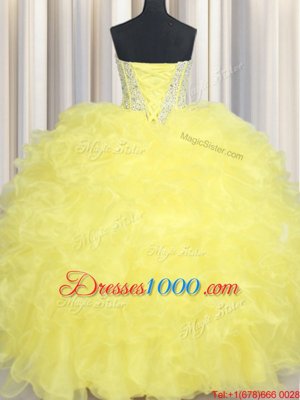 Yellow Sleeveless Floor Length Beading and Ruffles Lace Up Quinceanera Dresses