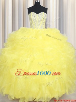 Yellow Sleeveless Floor Length Beading and Ruffles Lace Up Quinceanera Dresses