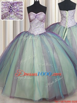 Pretty Multi-color Tulle Lace Up Quinceanera Gown Sleeveless Floor Length Beading and Sequins