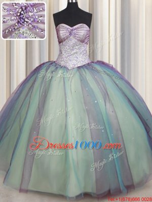 Pretty Multi-color Tulle Lace Up Quinceanera Gown Sleeveless Floor Length Beading and Sequins