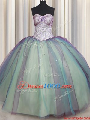 Pretty Multi-color Tulle Lace Up Quinceanera Gown Sleeveless Floor Length Beading and Sequins