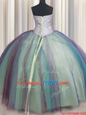 Pretty Multi-color Tulle Lace Up Quinceanera Gown Sleeveless Floor Length Beading and Sequins