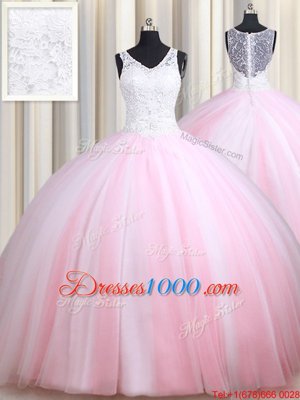 Dazzling Pink And White Straps Zipper Lace Quince Ball Gowns Sleeveless