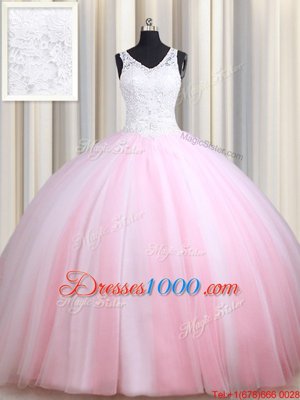 Dazzling Pink And White Straps Zipper Lace Quince Ball Gowns Sleeveless