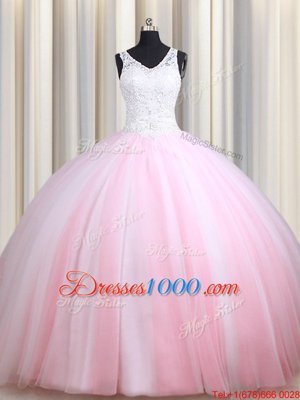 Dazzling Pink And White Straps Zipper Lace Quince Ball Gowns Sleeveless