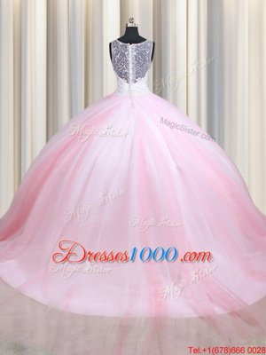 Dazzling Pink And White Straps Zipper Lace Quince Ball Gowns Sleeveless