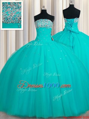 Pretty Sequins Ball Gowns Ball Gown Prom Dress Aqua Blue Strapless Tulle Sleeveless Floor Length Lace Up