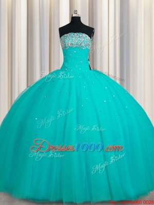 Pretty Sequins Ball Gowns Ball Gown Prom Dress Aqua Blue Strapless Tulle Sleeveless Floor Length Lace Up