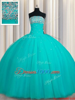 Pretty Sequins Ball Gowns Ball Gown Prom Dress Aqua Blue Strapless Tulle Sleeveless Floor Length Lace Up