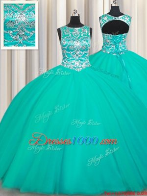 Stylish Turquoise Ball Gowns Tulle Scoop Sleeveless Appliques Floor Length Lace Up Quinceanera Dresses