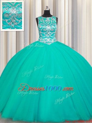 Stylish Turquoise Ball Gowns Tulle Scoop Sleeveless Appliques Floor Length Lace Up Quinceanera Dresses