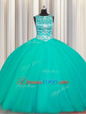 Stylish Turquoise Ball Gowns Tulle Scoop Sleeveless Appliques Floor Length Lace Up Quinceanera Dresses