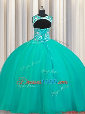 Stylish Turquoise Ball Gowns Tulle Scoop Sleeveless Appliques Floor Length Lace Up Quinceanera Dresses