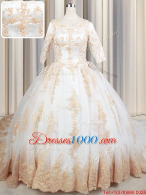 Eye-catching White Tulle Zipper Scoop Half Sleeves Quinceanera Gown Court Train Beading and Lace and Appliques