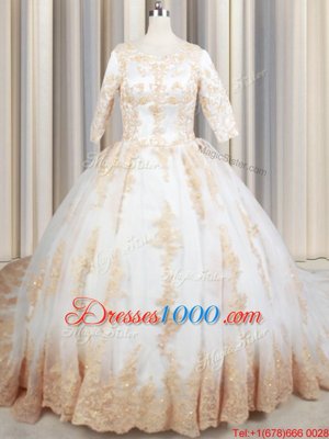 Eye-catching White Tulle Zipper Scoop Half Sleeves Quinceanera Gown Court Train Beading and Lace and Appliques