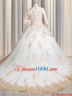 Eye-catching White Tulle Zipper Scoop Half Sleeves Quinceanera Gown Court Train Beading and Lace and Appliques