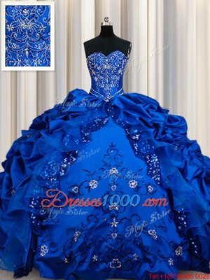 Royal Blue Taffeta Lace Up Sweetheart Sleeveless Floor Length Quinceanera Gowns Beading and Embroidery and Sequins and Pick Ups