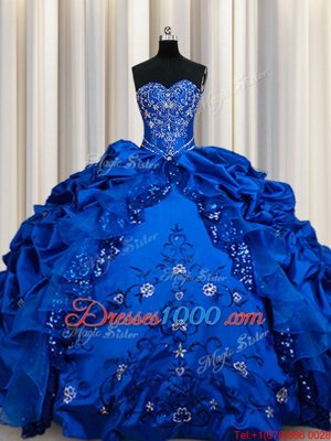 Royal Blue Taffeta Lace Up Sweetheart Sleeveless Floor Length Quinceanera Gowns Beading and Embroidery and Sequins and Pick Ups