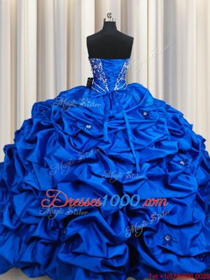 Royal Blue Taffeta Lace Up Sweetheart Sleeveless Floor Length Quinceanera Gowns Beading and Embroidery and Sequins and Pick Ups