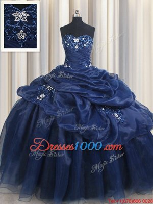 Pick Ups Navy Blue Sleeveless Organza Lace Up Ball Gown Prom Dress for Military Ball and Sweet 16 and Quinceanera