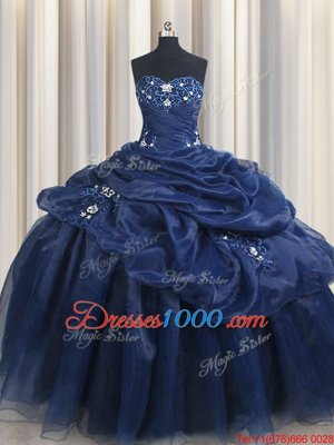 Pick Ups Navy Blue Sleeveless Organza Lace Up Ball Gown Prom Dress for Military Ball and Sweet 16 and Quinceanera