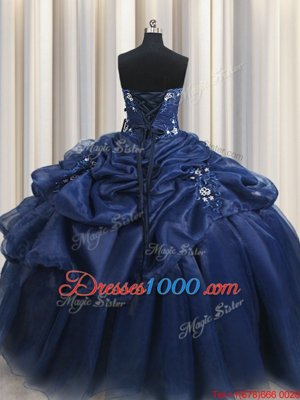 Pick Ups Navy Blue Sleeveless Organza Lace Up Ball Gown Prom Dress for Military Ball and Sweet 16 and Quinceanera