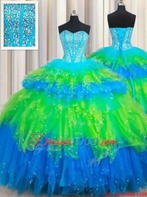 Modest Tulle Sweetheart Sleeveless Lace Up Beading and Ruffled Layers Ball Gown Prom Dress in Multi-color