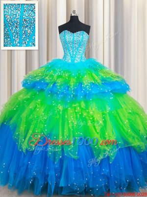 Modest Tulle Sweetheart Sleeveless Lace Up Beading and Ruffled Layers Ball Gown Prom Dress in Multi-color