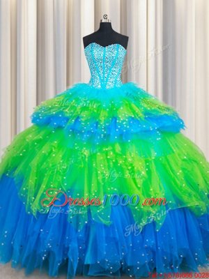 Modest Tulle Sweetheart Sleeveless Lace Up Beading and Ruffled Layers Ball Gown Prom Dress in Multi-color