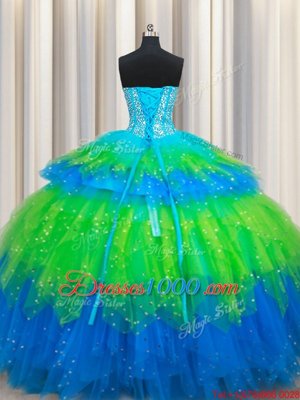 Modest Tulle Sweetheart Sleeveless Lace Up Beading and Ruffled Layers Ball Gown Prom Dress in Multi-color