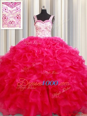 Sophisticated Straps Straps Hot Pink Ball Gowns Embroidery and Ruffles Sweet 16 Quinceanera Dress Lace Up Organza Sleeveless Floor Length