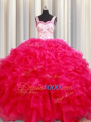 Sophisticated Straps Straps Hot Pink Ball Gowns Embroidery and Ruffles Sweet 16 Quinceanera Dress Lace Up Organza Sleeveless Floor Length