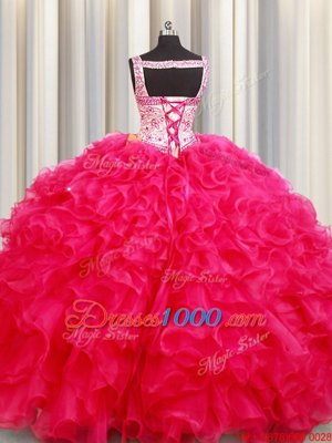 Sophisticated Straps Straps Hot Pink Ball Gowns Embroidery and Ruffles Sweet 16 Quinceanera Dress Lace Up Organza Sleeveless Floor Length