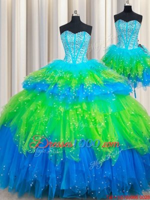 Custom Design Three Piece Multi-color Ball Gowns Beading and Ruffled Layers Quinceanera Gowns Lace Up Tulle Sleeveless Floor Length