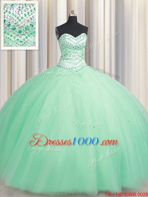 Simple Apple Green Ball Gowns Tulle Sweetheart Sleeveless Beading Floor Length Lace Up Quinceanera Gowns