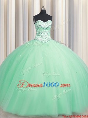 Simple Apple Green Ball Gowns Tulle Sweetheart Sleeveless Beading Floor Length Lace Up Quinceanera Gowns