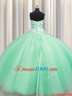 Simple Apple Green Ball Gowns Tulle Sweetheart Sleeveless Beading Floor Length Lace Up Quinceanera Gowns